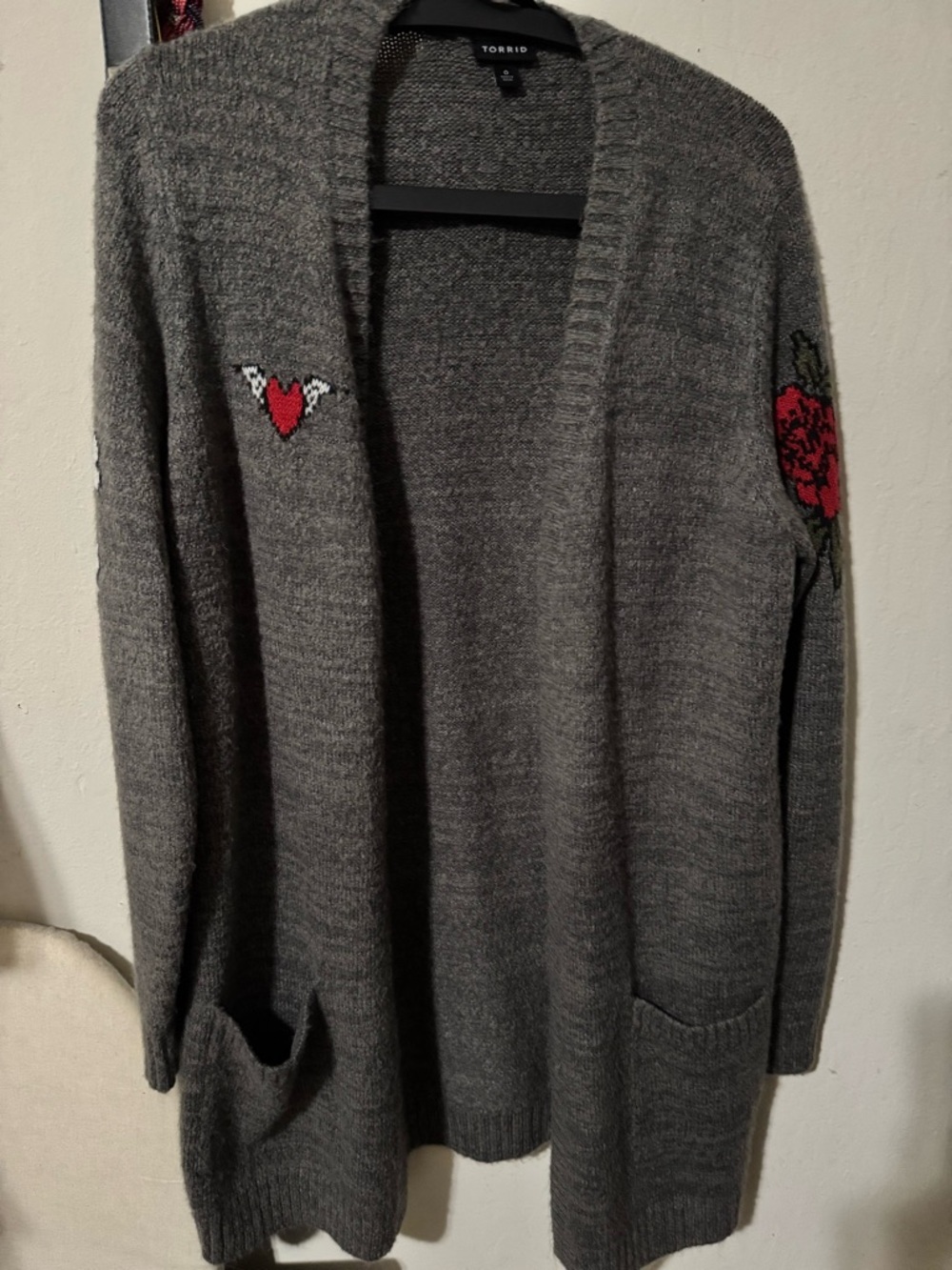 torrid Gray Open-Front Cardigan with Red Heart & Rose Embroidery